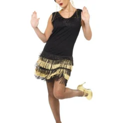 1920's Fringed Flapper Charleston Kostuum, Zwart