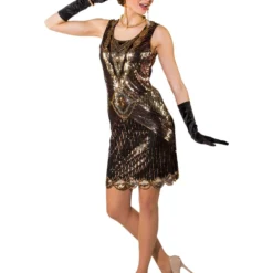 Jaren 20 Jurk Met Pailletten, Zwart-Goud -Kostuum Winkel jaren 20 jurk met pailletten zwart goud 3