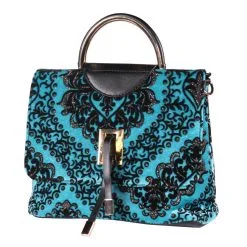 Tasje Deluxe ''Jacky'' Brokaat Zilver, Turquoise-Zilver, Handtas